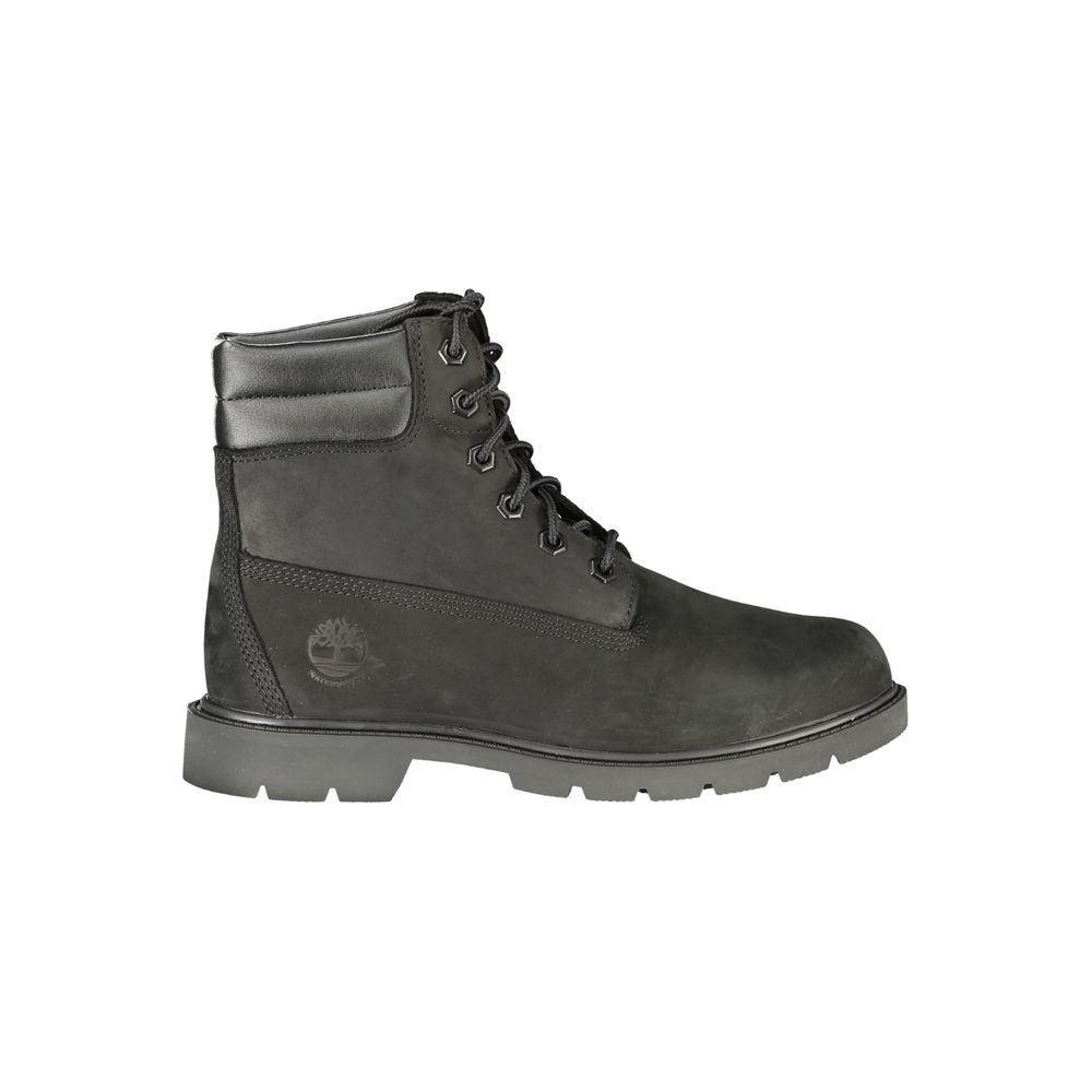 Black leather women's ankle boot by Timberland featuring a sleek design and sturdy sole.