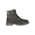 Black leather women's ankle boot by Timberland featuring a sleek design and sturdy sole.