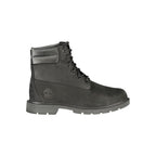 Black leather women's ankle boot by Timberland featuring a sleek design and sturdy sole.