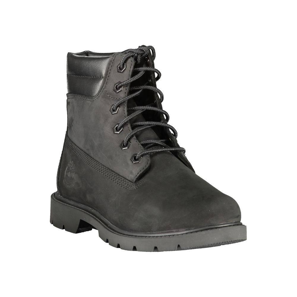 Black leather women’s ankle boot by Timberland with rugged sole and stylish design, perfect for casual or outdoor wear.