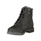 Black leather women's ankle boot by Timberland featuring a sleek design and sturdy sole, perfect for casual and outdoor wear.