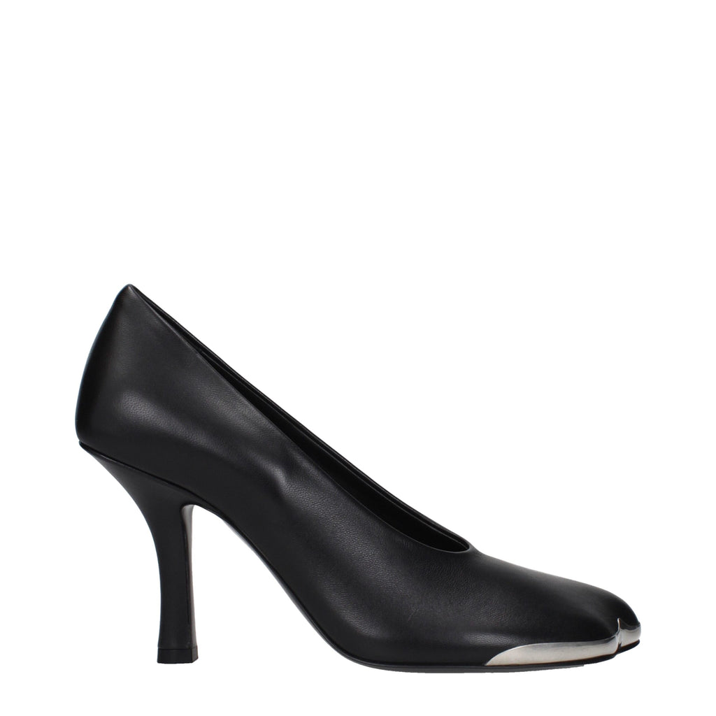 Black leather high heel pumps by Burberry with pointed toes and classic design, perfect for elegant formal occasions.