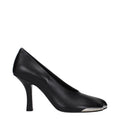 Black leather high heel pumps by Burberry with pointed toes and classic design, perfect for elegant formal occasions.