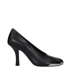 Black leather high heel pumps by Burberry with pointed toes and classic design, perfect for elegant formal occasions.
