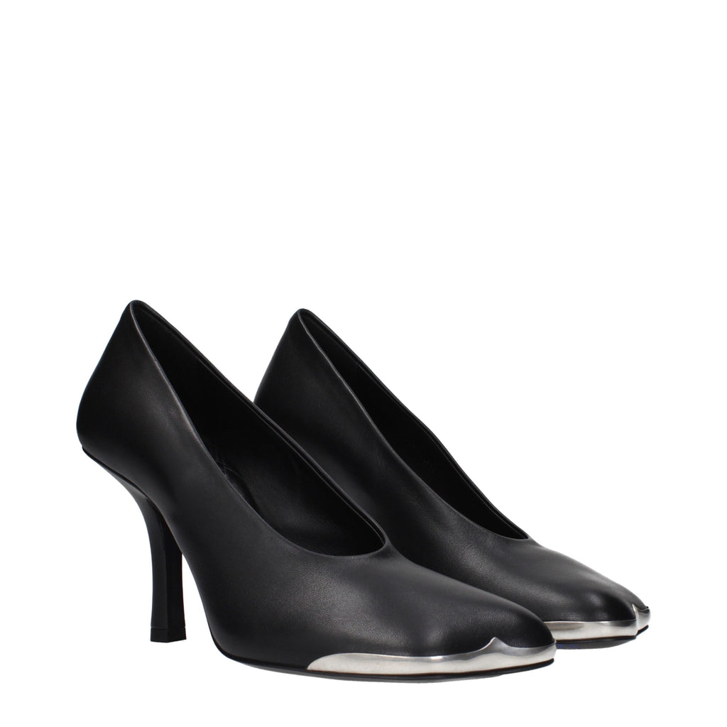 Black leather high heel pumps by Burberry with pointed toes and sleek design, perfect for elegant formal occasions.