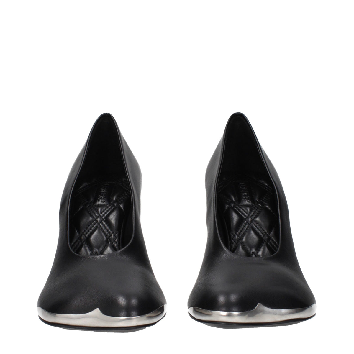 Black leather high heel pumps by Burberry featuring sleek design and pointed toes, perfect for elegant and sophisticated looks.