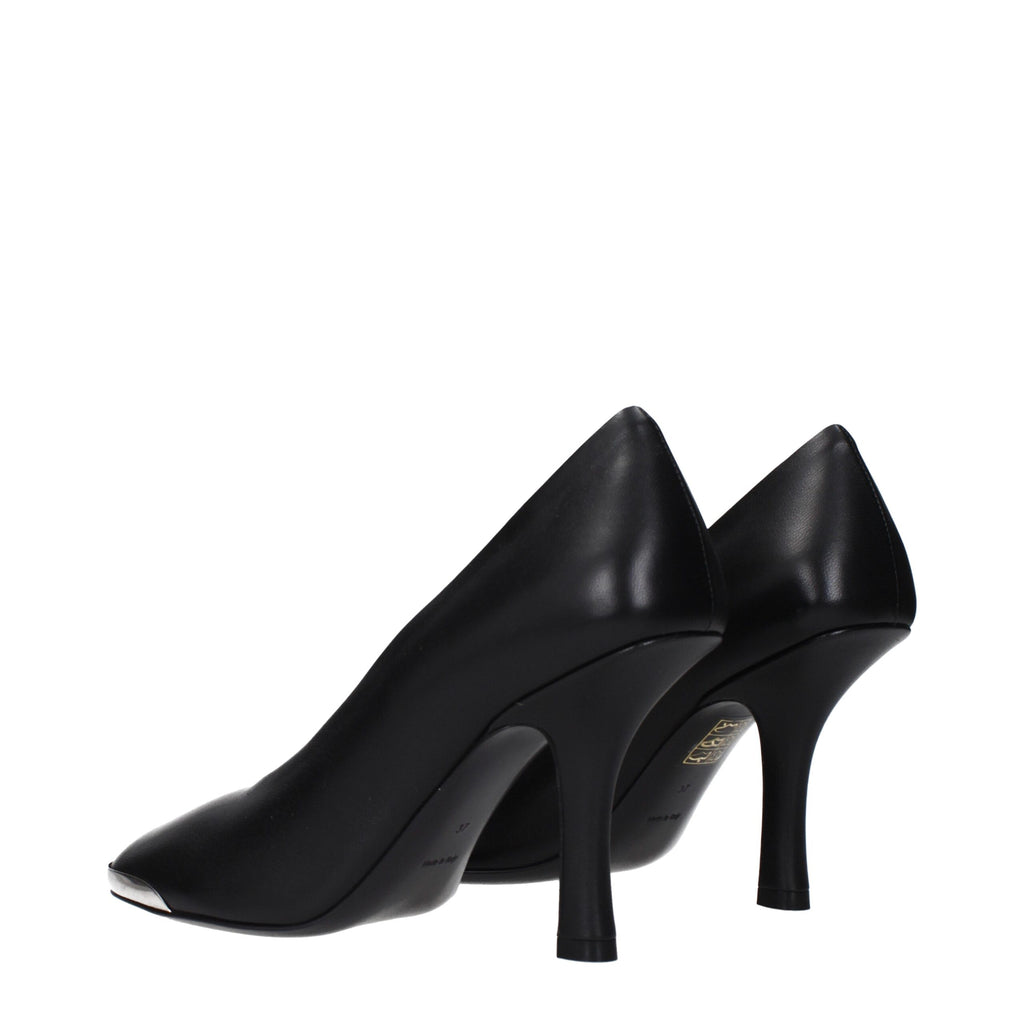Black leather high heel pumps by Burberry, sleek design with pointed toes and elegant stiletto heels.