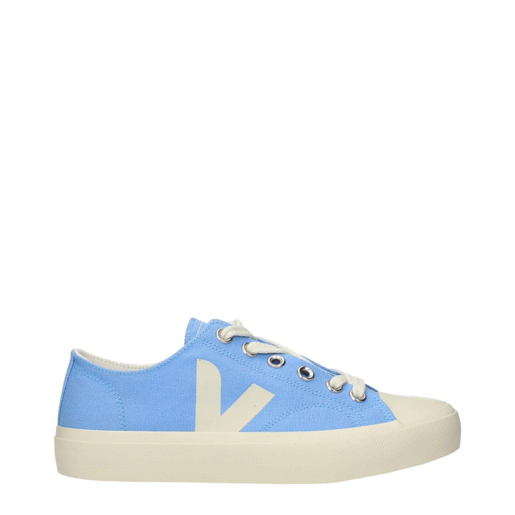 Veja light blue fabric low top sneakers with white soles and laces, stylish casual footwear for everyday wear.