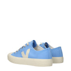 Veja light blue fabric low top sneakers with white soles and laces, casual footwear for everyday style.