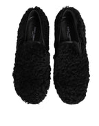 Dolce & Gabbana Dress Black Fur Leather Slippers Men Shoes - Eljoys Fashion 
