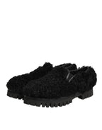 Dolce & Gabbana Dress Black Fur Leather Slippers Men Shoes - Eljoys Fashion 
