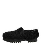 Dolce & Gabbana Dress Black Fur Leather Slippers Men Shoes - Eljoys Fashion 
