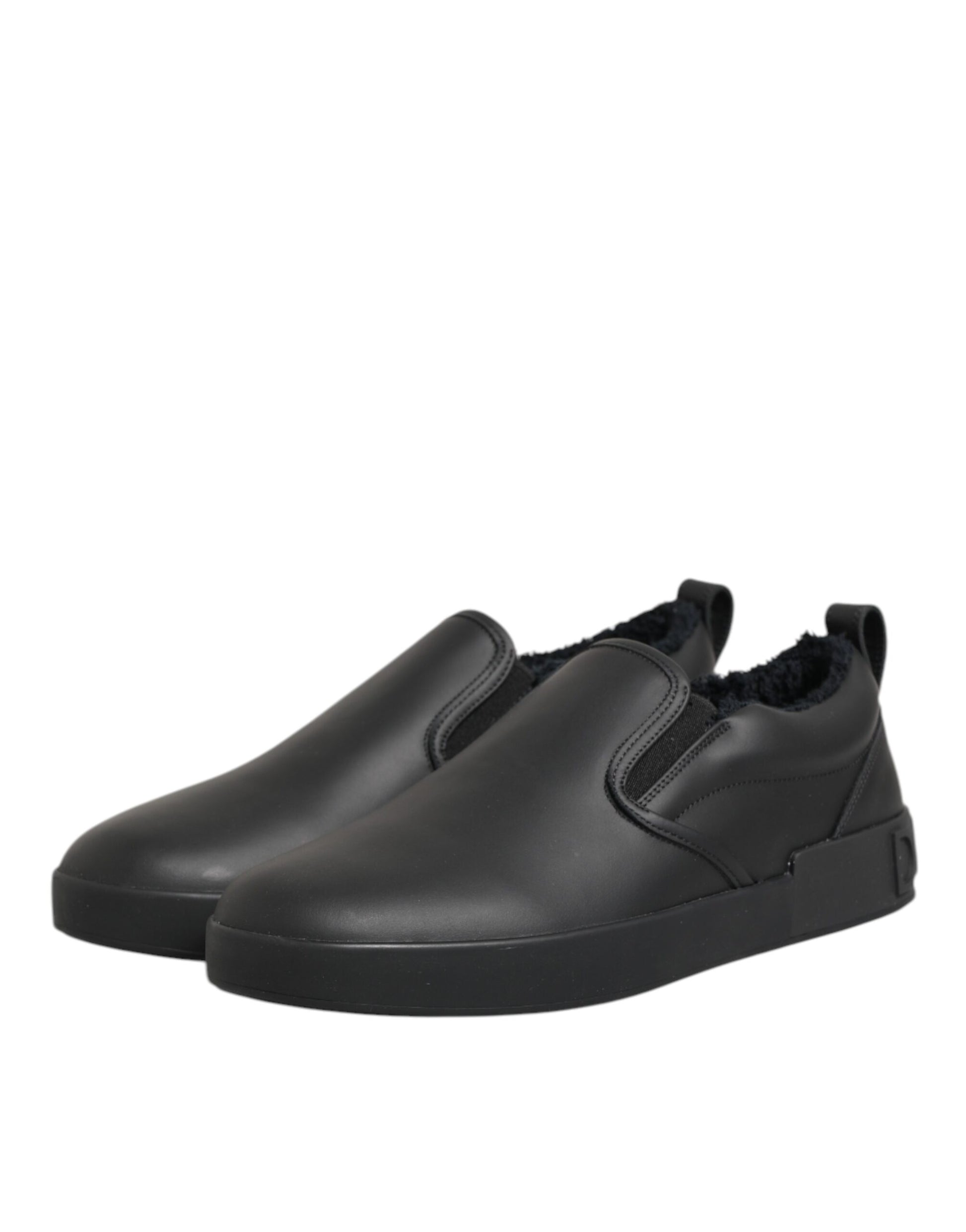 Dolce & Gabbana Black Leather Low Top Slip On Sneakers Shoes
