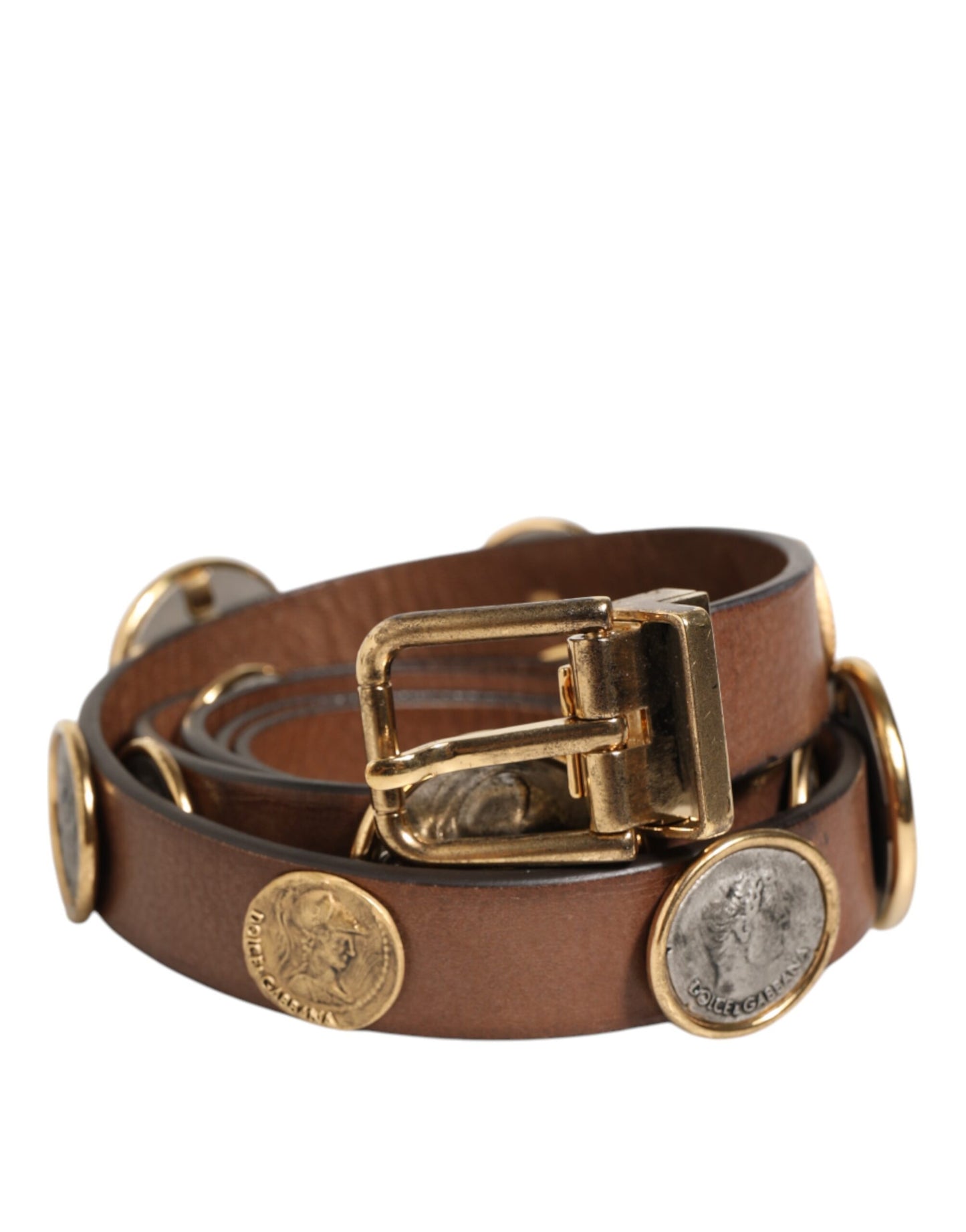 Dolce & Gabbana Brown Leather Gold Silver Coin Buckle Belt Dolce & Gabbana