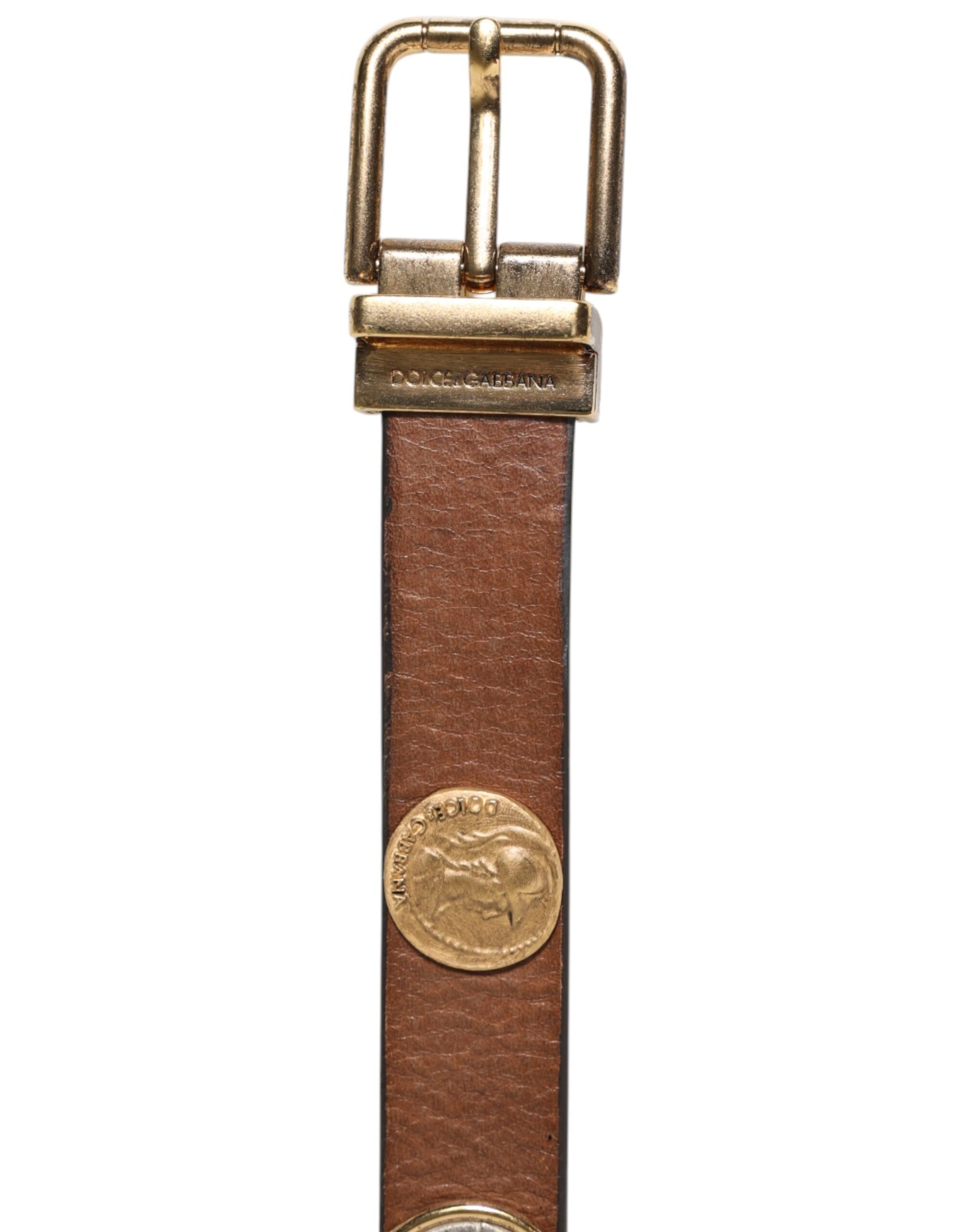 Dolce & Gabbana Brown Leather Gold Silver Coin Buckle Belt Dolce & Gabbana