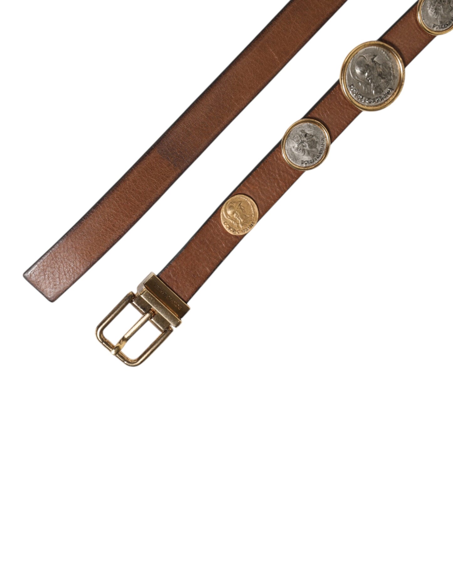 Dolce & Gabbana Brown Leather Gold Silver Coin Buckle Belt Dolce & Gabbana