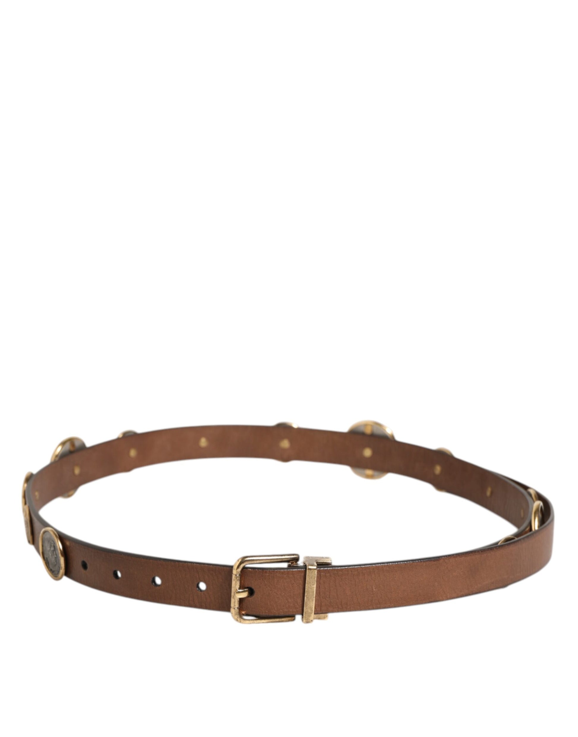 Dolce & Gabbana Brown Leather Gold Silver Coin Buckle Belt Dolce & Gabbana