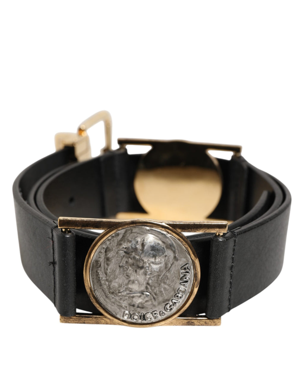 Dolce & Gabbana Black Leather Gold Silver Coin Buckle Belt - Eljoys Fashion 