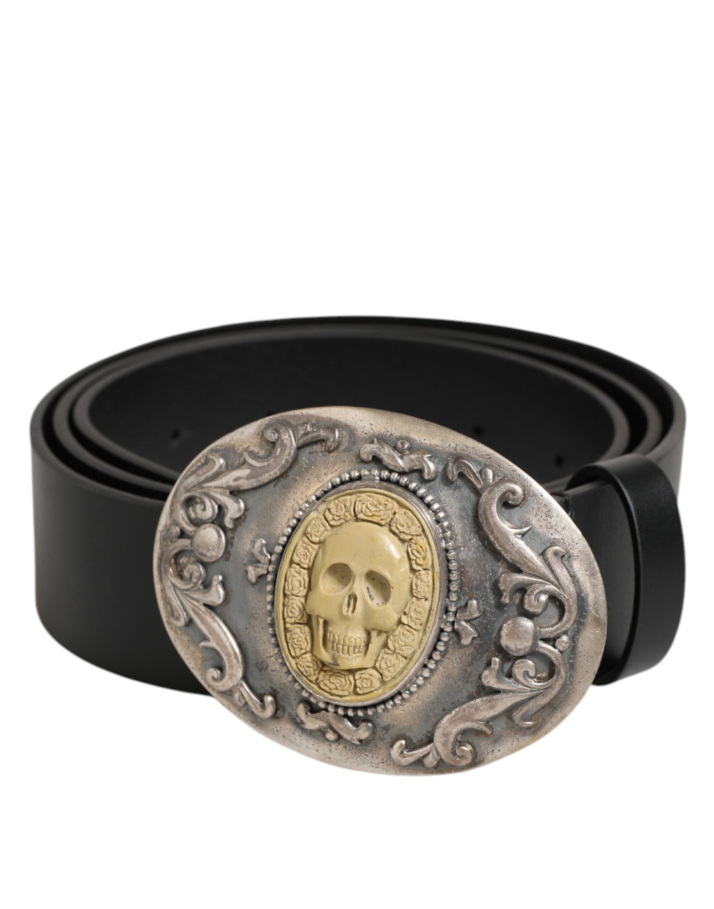 Dolce & Gabbana Black Leather Ornate Metal Buckle Men Belt - Eljoys Fashion 