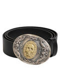 Dolce & Gabbana Black Leather Ornate Metal Buckle Men Belt - Eljoys Fashion 