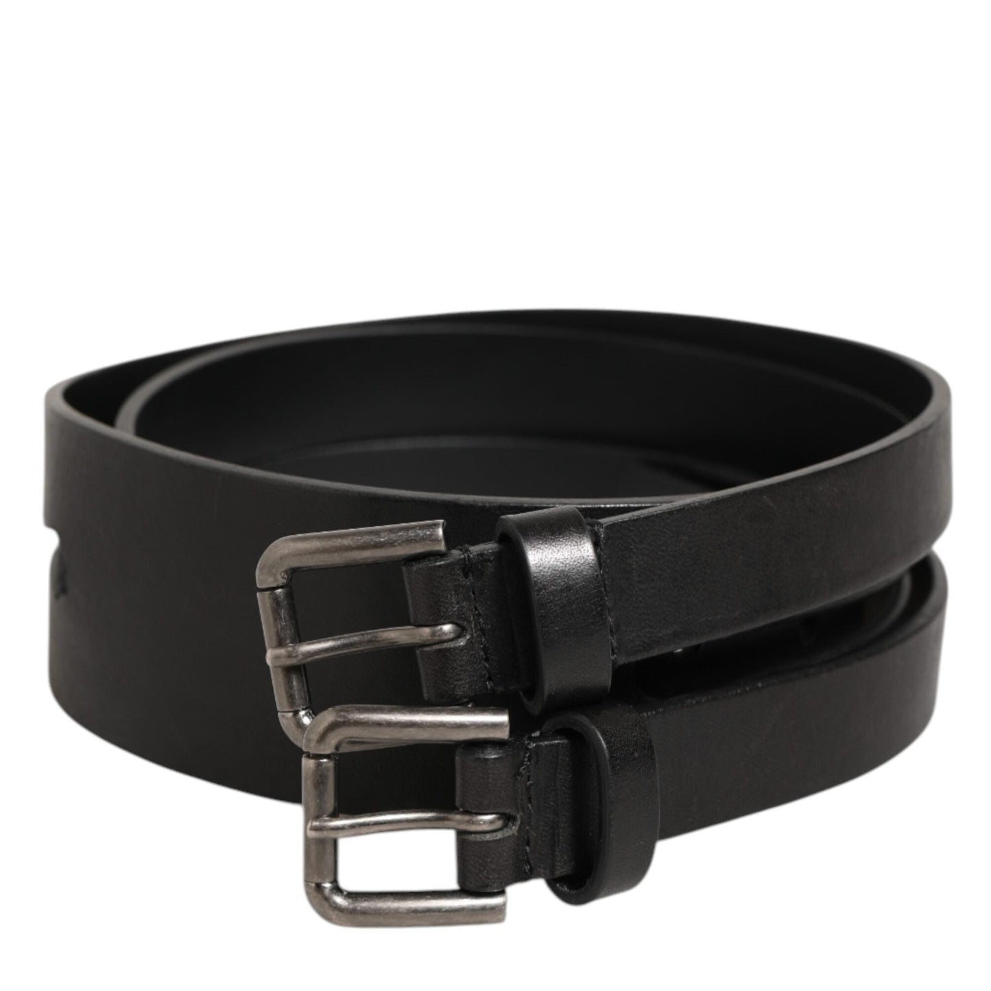 Dolce & Gabbana Black Double Strap Leather Silver Buckle Belt