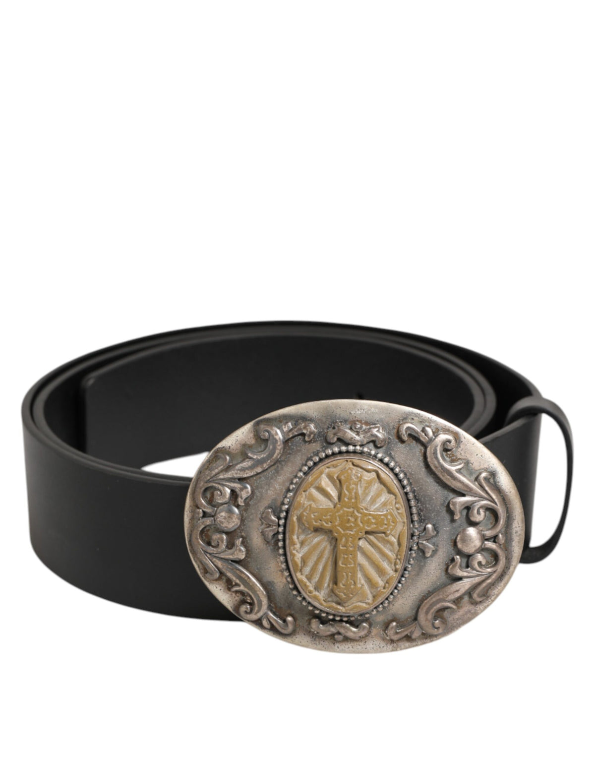 Dolce & Gabbana Black Leather Ornate Metal Buckle Men Belt - Eljoys Fashion 