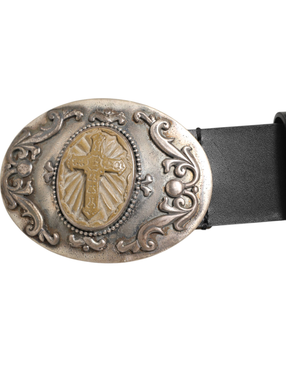 Dolce & Gabbana Black Leather Ornate Metal Buckle Men Belt - Eljoys Fashion 