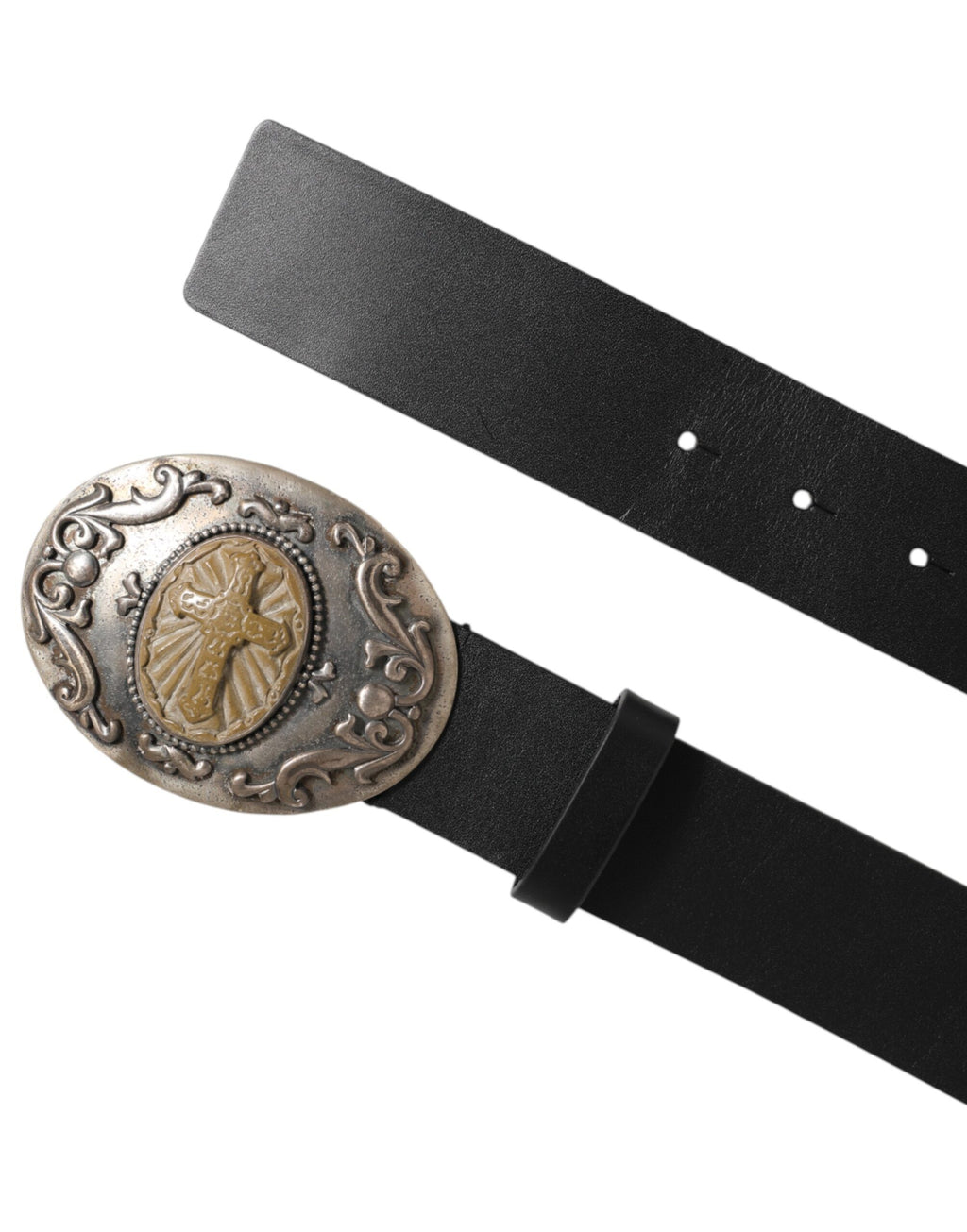 Dolce & Gabbana Black Leather Ornate Metal Buckle Men Belt - Eljoys Fashion 