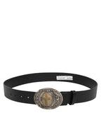 Dolce & Gabbana Black Leather Ornate Metal Buckle Men Belt - Eljoys Fashion 