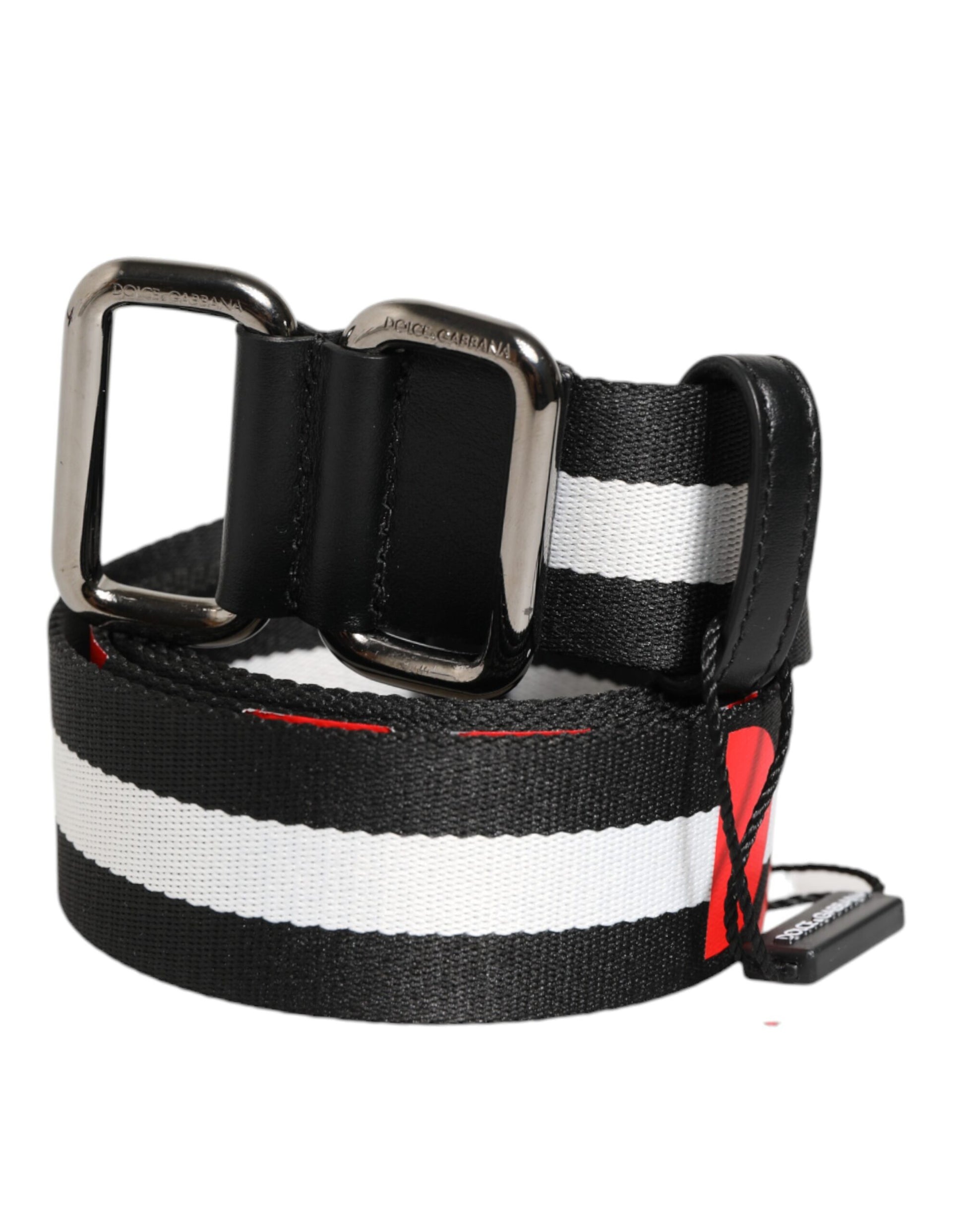 Dolce & Gabbana Black White Striped Logo Metal Buckle Belt