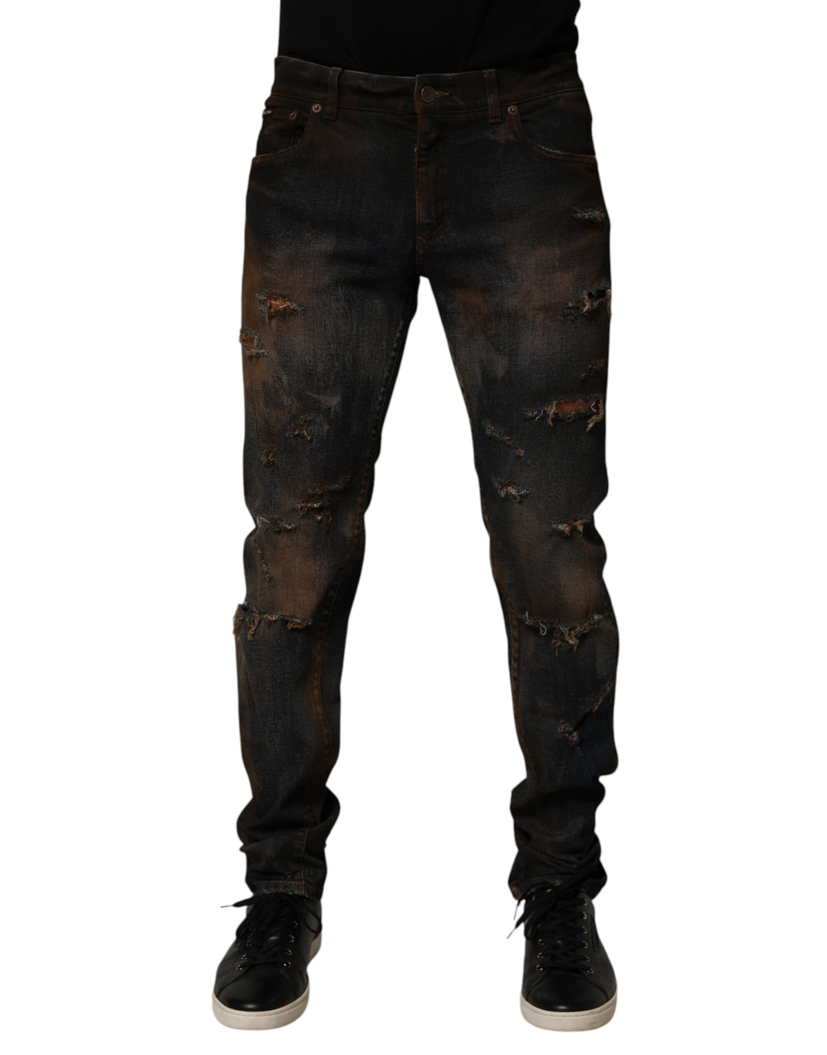Dolce & Gabbana Black Cotton Skinny Tattered Men Denim Jeans - Eljoys Fashion 