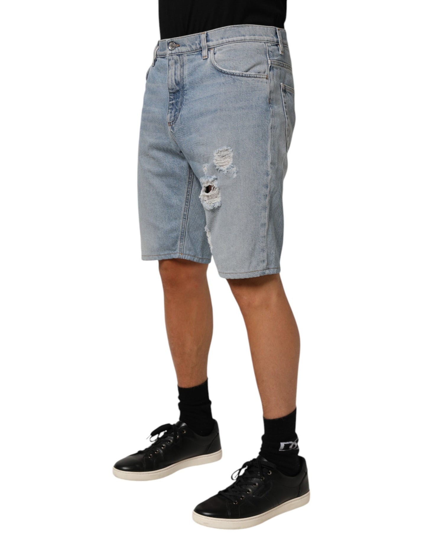 Dolce & Gabbana Blue Cotton Distressed Denim Bermuda Shorts