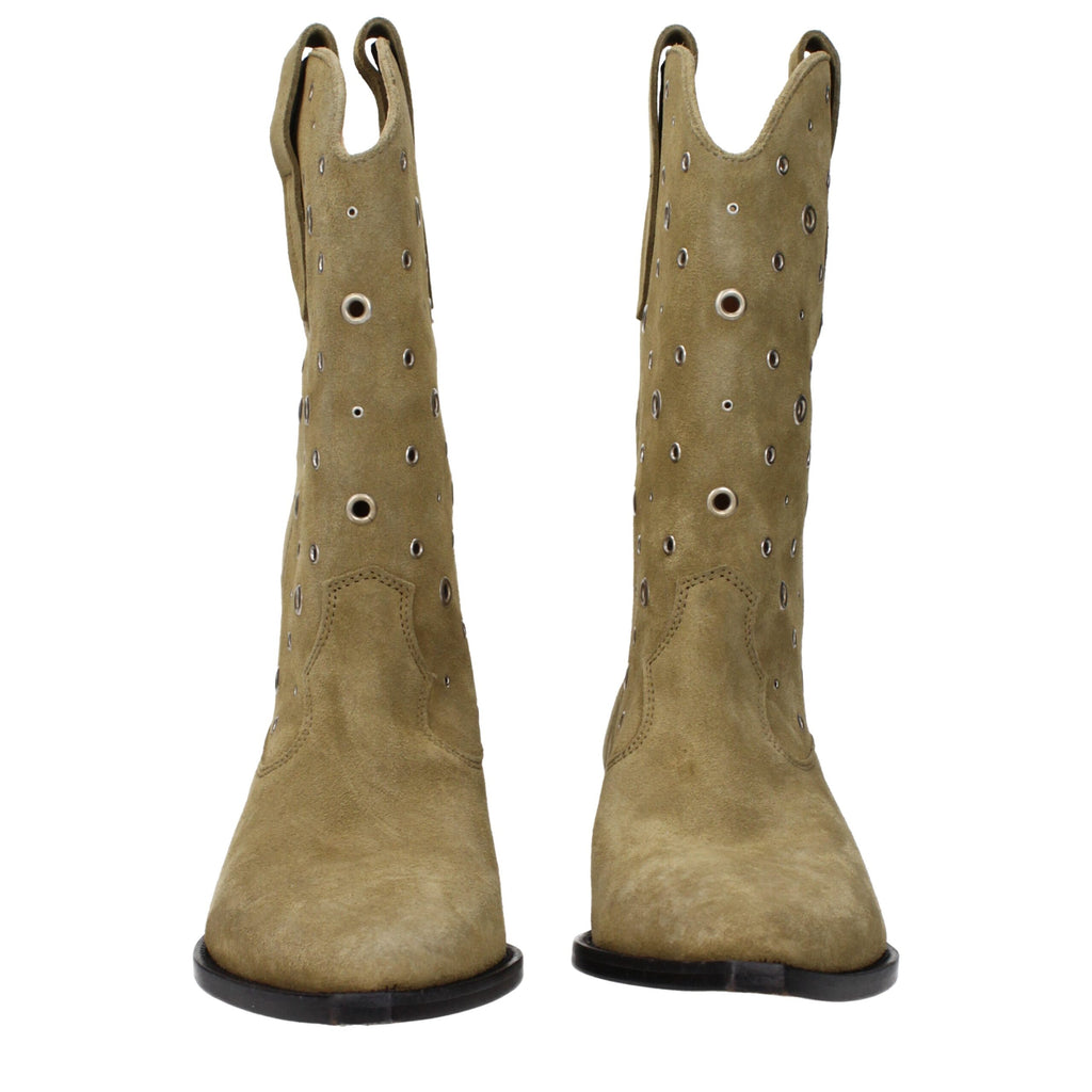 Beige leather ankle boots by Isabel Marant with pointed toes and stacked heels, stylishly designed for modern fashion.