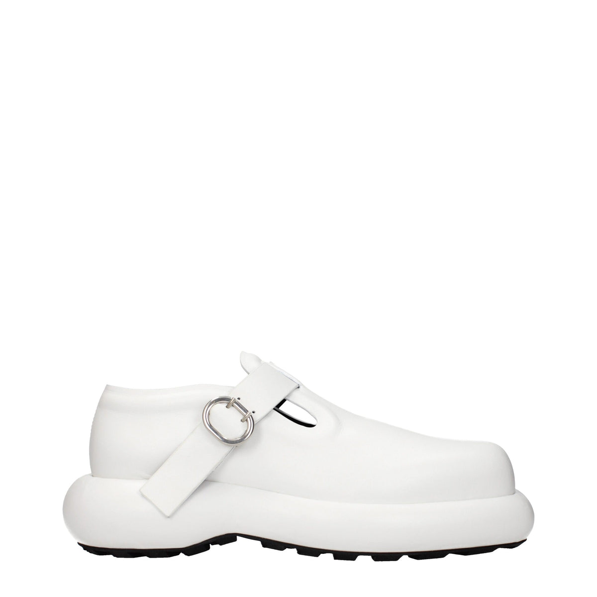 Jil Sander white leather slip-on loafers with sleek design and minimal detailing, perfect for elegant casual wear.