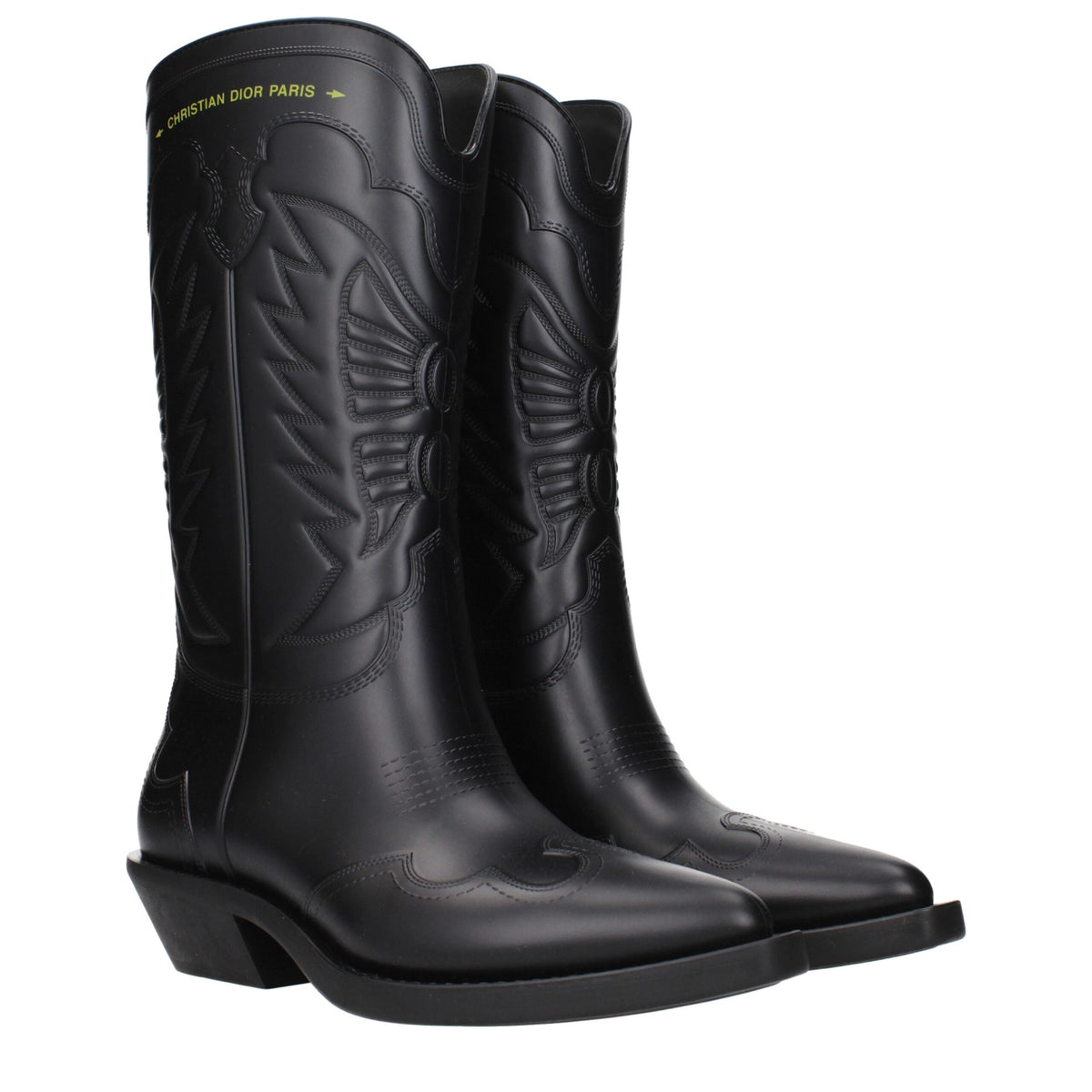 Christian Dior black cotton boots with sleek design and sturdy soles, displayed on a neutral background.