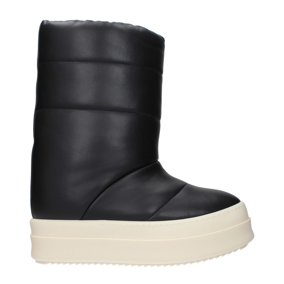 Rick Owens black leather ankle boots with pointed toes and sleek design, showcasing high-quality craftsmanship.