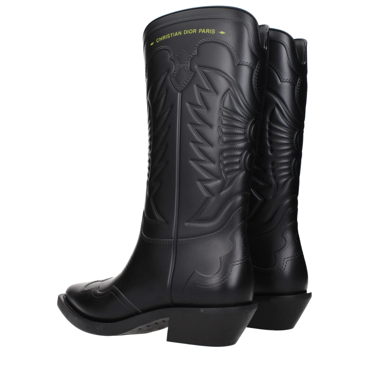 Christian Dior black cotton boots with sleek design and high-top style, featuring detailed stitching and a sturdy sole.