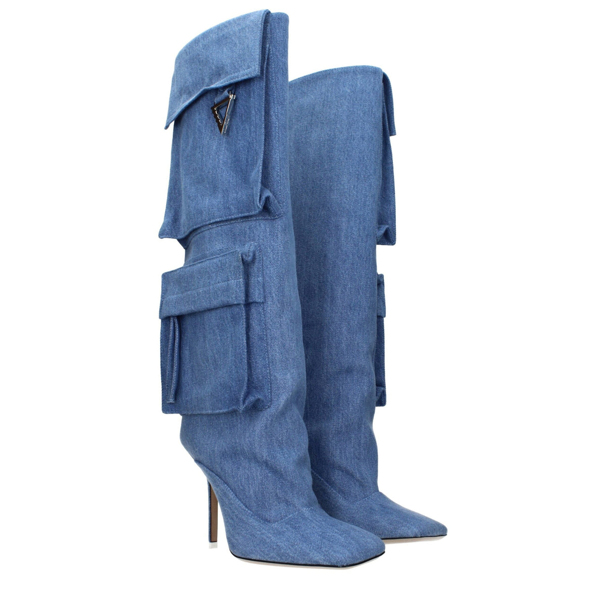 Light blue fabric boots by The Attico featuring a sleek design and pointed toe, perfect for stylish fall or winter outfits.