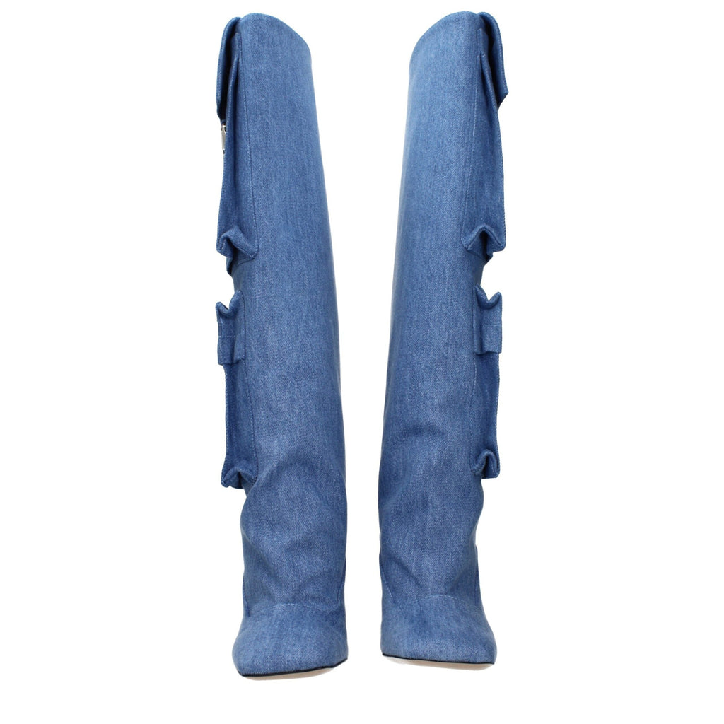 Light blue fabric boots by The Attico with pointed toes and block heels, showcased on a neutral background.