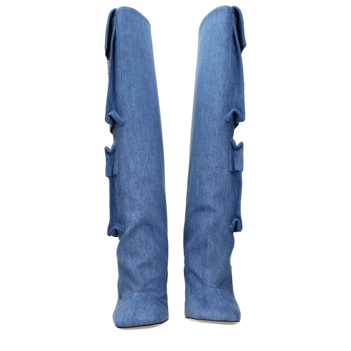 Light blue fabric boots by The Attico with pointed toes and block heels, showcased on a neutral background.