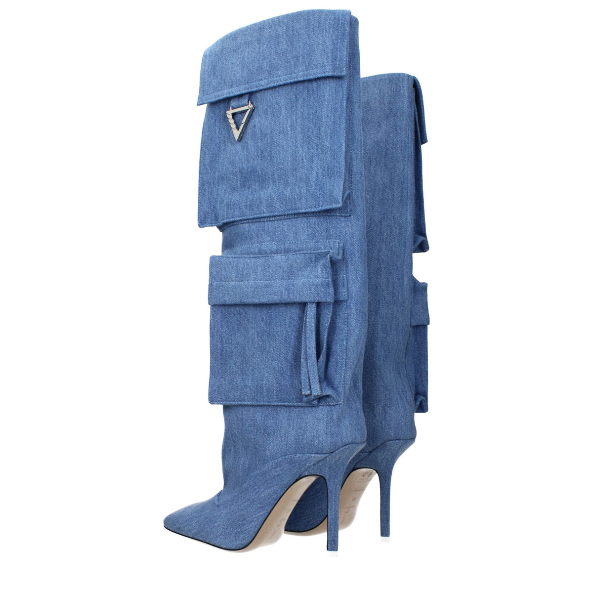 Light blue fabric boots by The Attico with pointed toes and stiletto heels, styled on a neutral background.