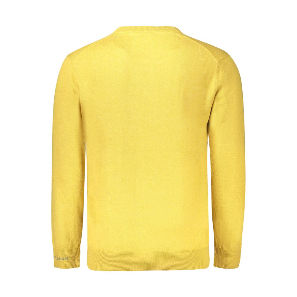 Pepe Jeans yellow cotton men's sweater displayed on a hanger, showcasing a casual, comfortable knit with a round neckline.