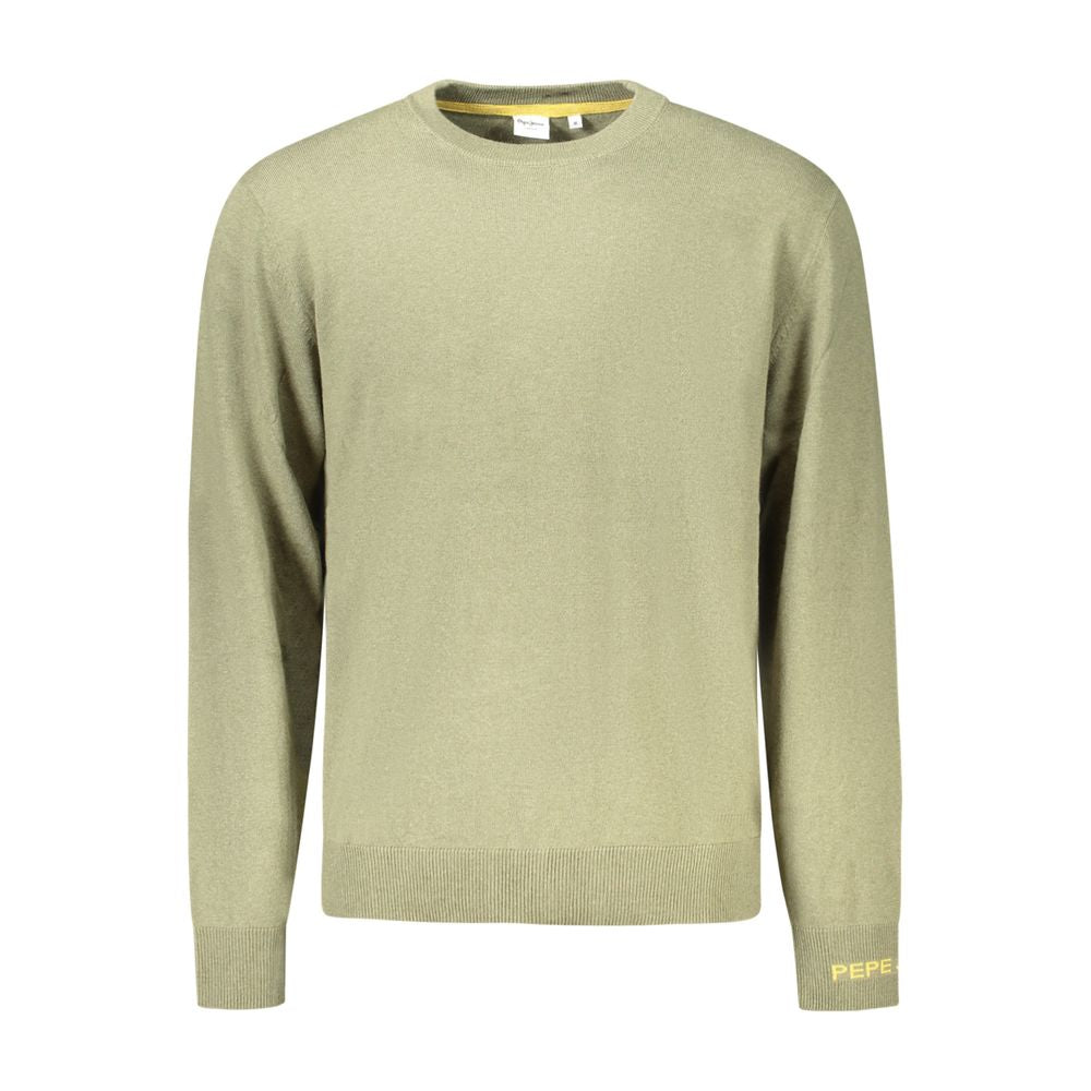 Pepe Jeans green cotton men's sweater displayed on a hanger, showcasing its casual style and soft fabric.