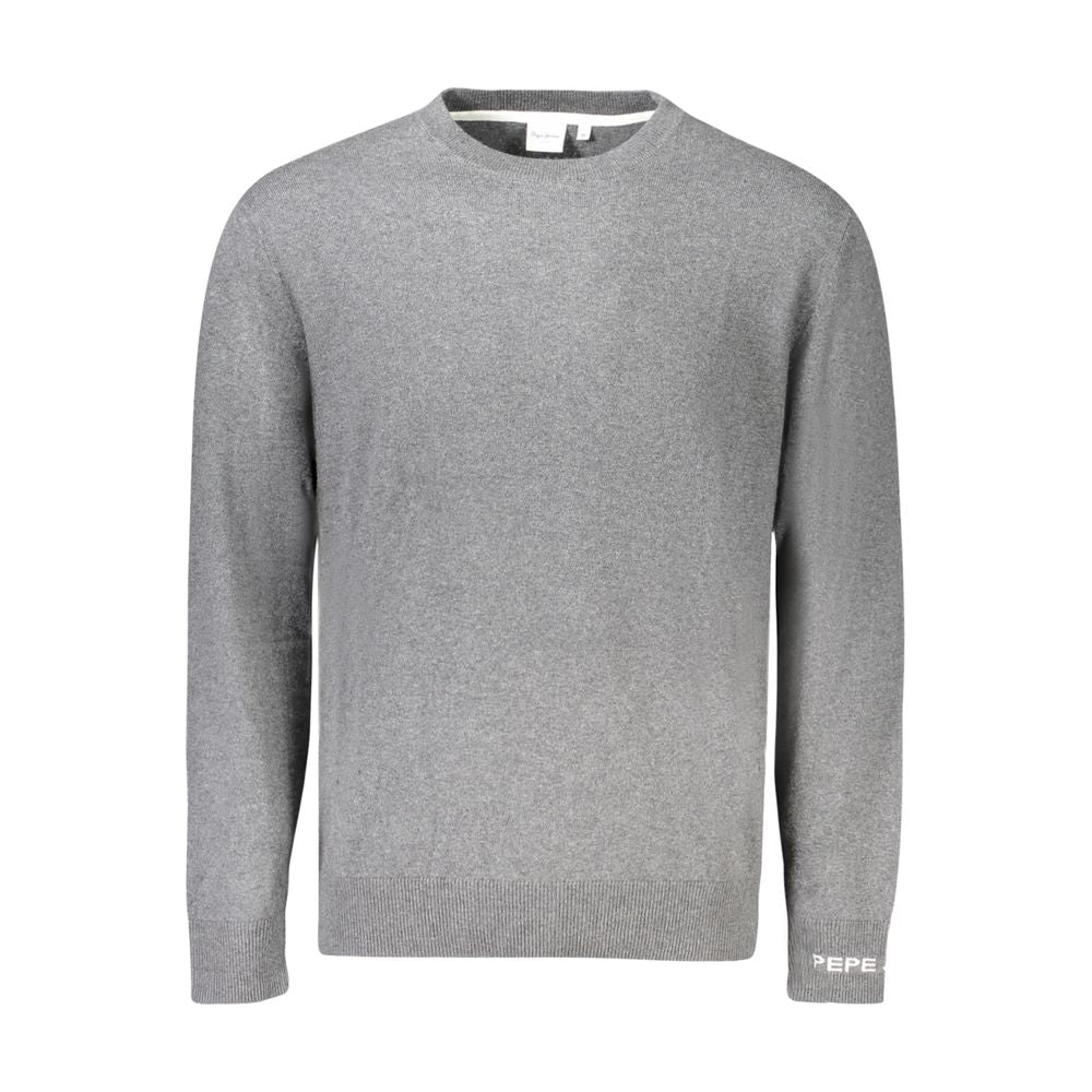 Pepe Jeans gray cotton men's sweater displayed on a hanger, showcasing a classic crew neck design and soft fabric.