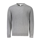 Pepe Jeans gray cotton men's sweater displayed on a hanger, showcasing a classic crew neck design and soft fabric.