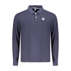 Blue cotton men's polo shirt by North Sails, featuring a classic collar and short sleeves, displayed on a hanger.
