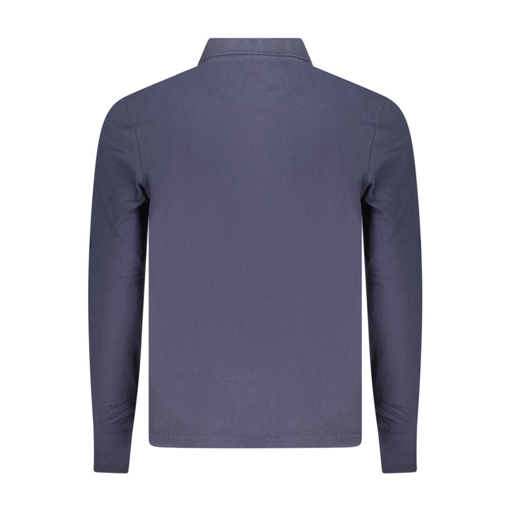 North Sails blue cotton men's polo shirt displayed on a hanger with a classic collar and short sleeves.