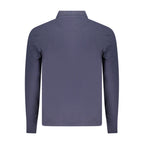 North Sails blue cotton men's polo shirt displayed on a hanger with a classic collar and short sleeves.