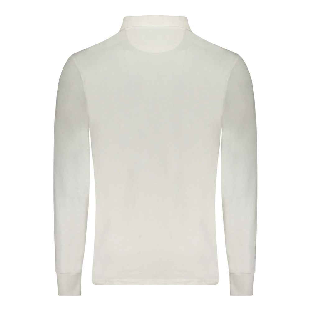 North Sails white cotton men's polo shirt with collar and short sleeves, displayed on a hanger.