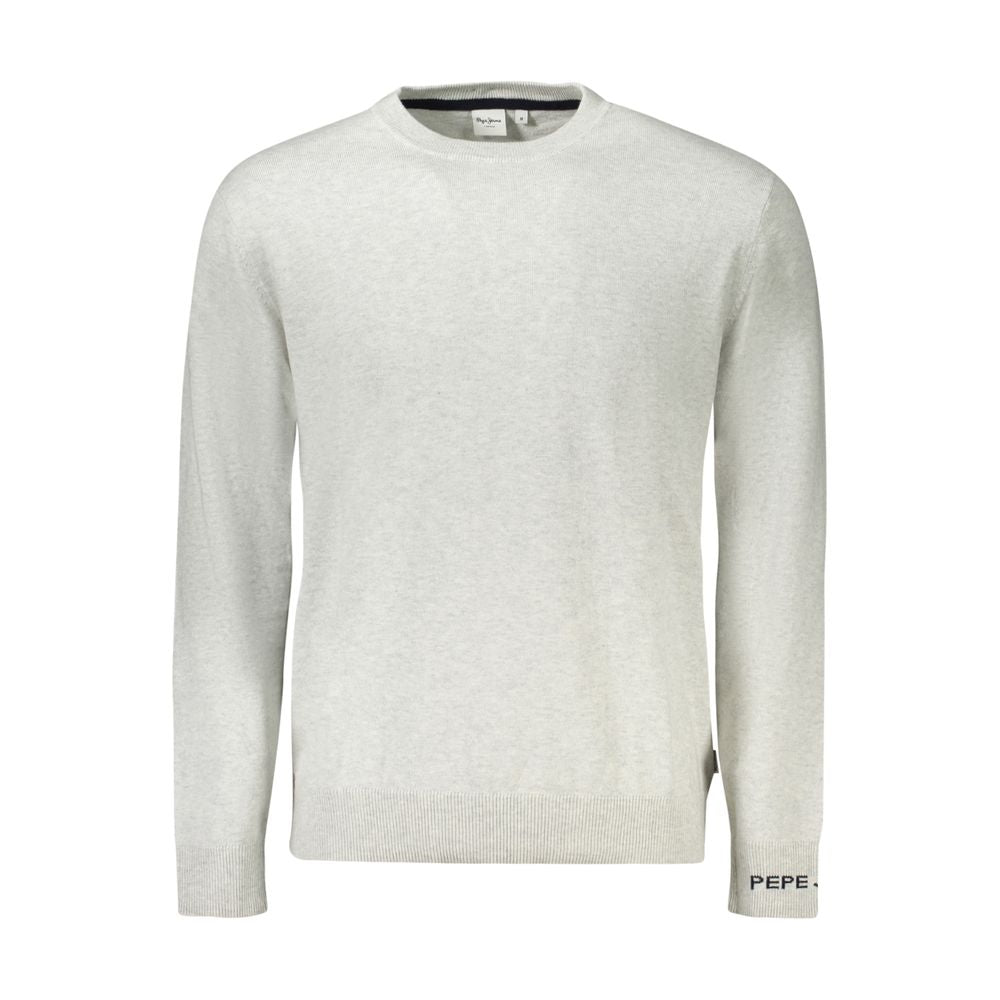 Pepe Jeans gray cotton men's sweater displayed on a hanger with a ribbed collar and cuffs, casual and comfortable style.